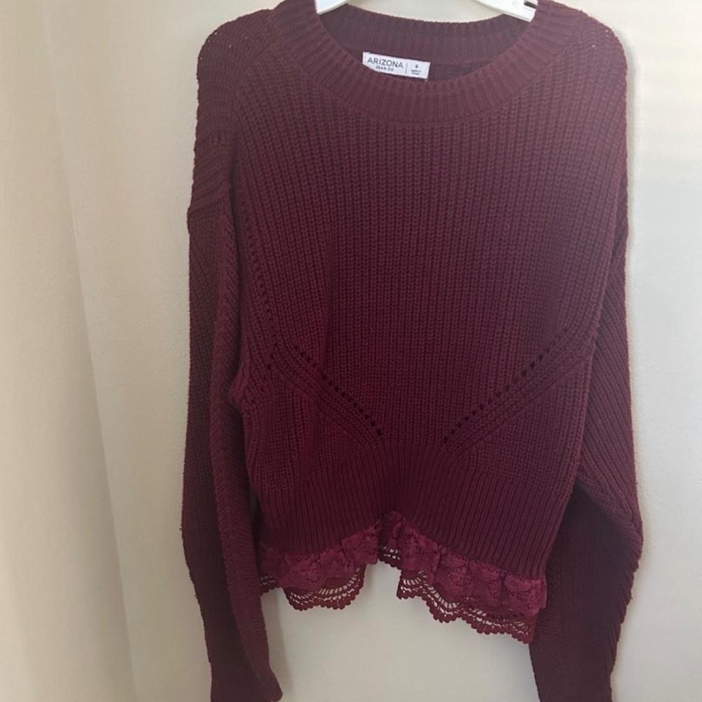 Arizona Jean Company Maroon Crewneck Sweater with Lace Trim